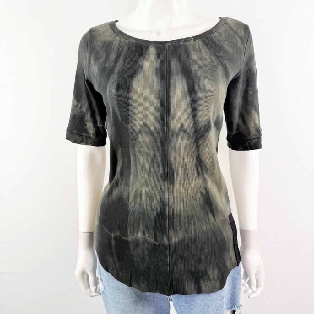 Minoar Black Tie Dye Ribbed T-Shirt Top Size L Short Sleeve Streetwear Fashion
